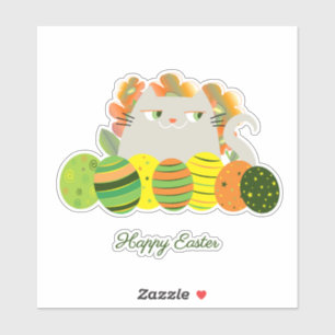 Sticker Vert et Orange Drôle Mignonne Chat Joyeux Pâques