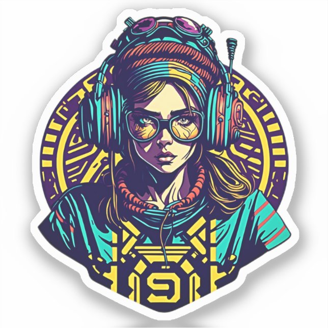 Sticker Vibrant Retro Groove : Cool fille avec casque (Recto)