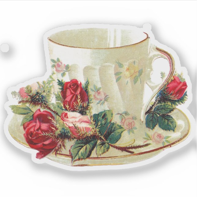 STICKER VICTORIAN TEACUP AVEC ROSES COUPE PERSONNALISÉE (Devant)