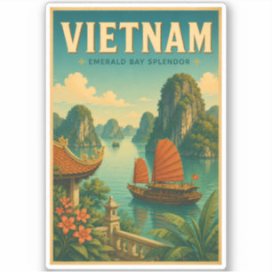 Sticker Vietnam baie d'Halong Illustration Voyage Art Rétr