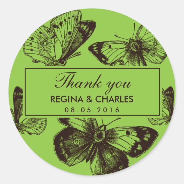 Sticker vintage Mariage papillon vert Merci (Devant)
