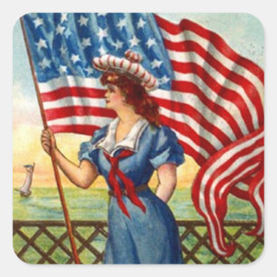 Sticker Vintage Patriotic Lady USA Old Glory Drape