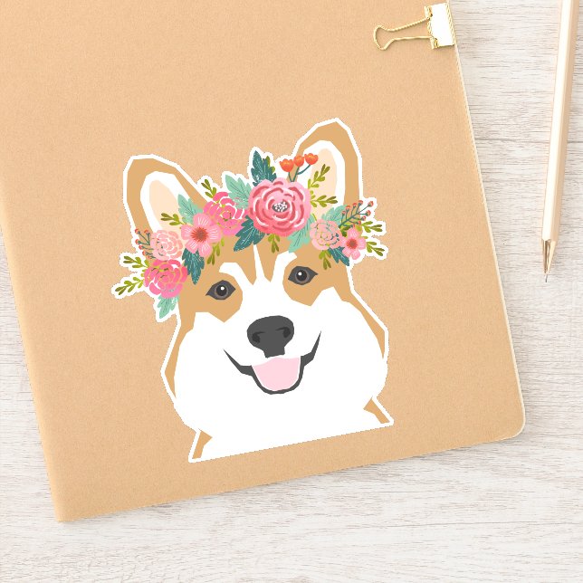 Sticker vinyle Corgi Flower Crown (Carnet)