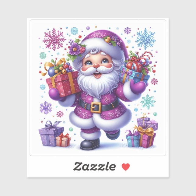 Sticker Violet Père Noël avec des cadeaux pour Noël (Feuille)