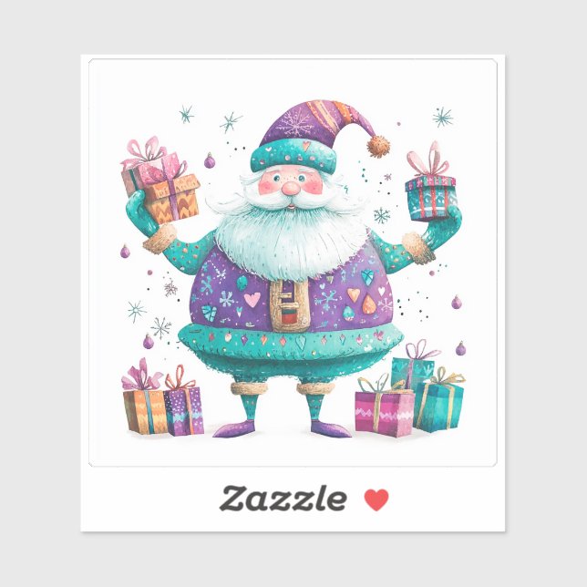 Sticker Violet Santa Claus With Christmas Gifts (Feuille)