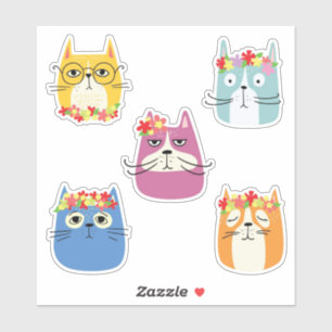Sticker Visages de chats amusants avec de jolies fleurs