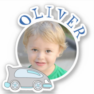 Sticker Voiture Mignonne Cadre Rond Bleu Nom et Photo Enfa