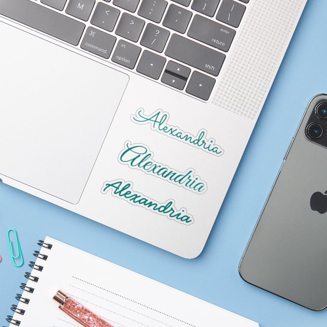 Sticker Votre nom Versions manuscrites Turquoises de scrip (Ordinateur portable avec iPhone)