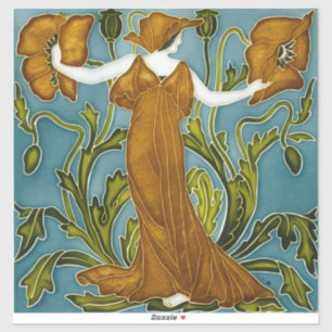 Sticker Walter Crane Art nouveau Jeune fille au pavot oran