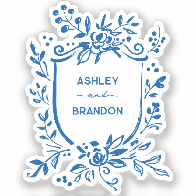 Sticker Whimsical French Blue Botanical Crest Wedding (Recto)