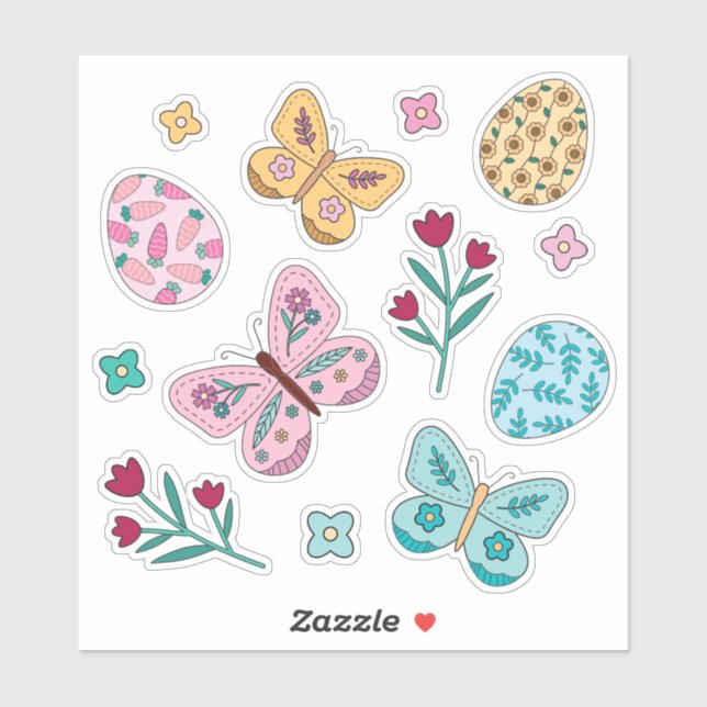 Sticker Whimsical Spring Floral, Papillons et Oeufs de Pâq (Feuille)