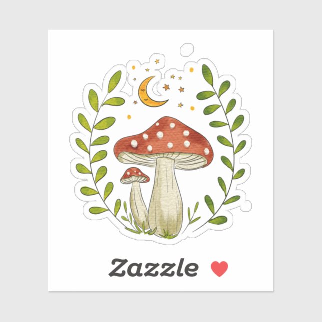 Sticker Whimsical Watercolor Mushroom and Moon (Feuille)
