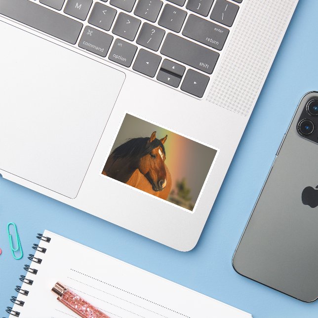 Sticker Wild Stallion, Golden Light and Rainbow (Ordinateur portable avec iPhone)
