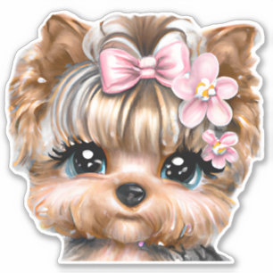 Sticker Yorkie mignonne avec une corse rose