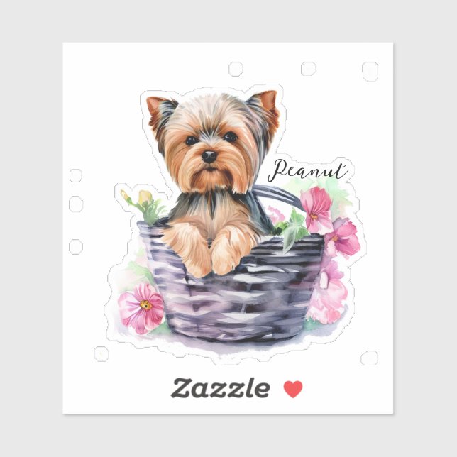 Sticker Yorkie personnalisé dans le panier aquarelle (Feuille)