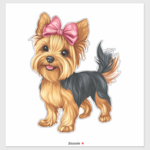 Sticker Yorkshire Terrier à nœud coquet maman fille chien