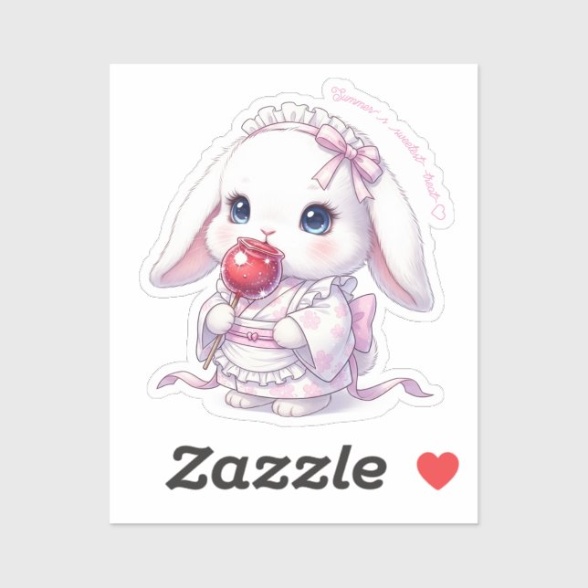 Sticker Yukata Bunny with Apple Candy - Pink Pastel Ribbon (Feuille)