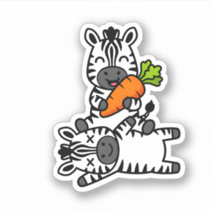 Sticker Zèbre Mignon et Heureux avec Carotte Dessin Animé