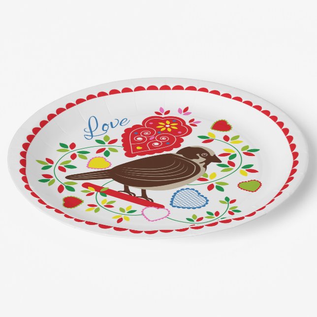 Stickerei für Vögel Pappteller (Schrägansicht)
