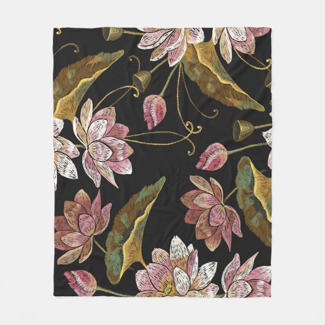Stickerei Lotus Blume Nahtloses Muster Fleecedecke (Vorderseite)