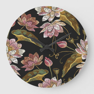 Stickerei Lotus Blume Nahtloses Muster Große Wanduhr