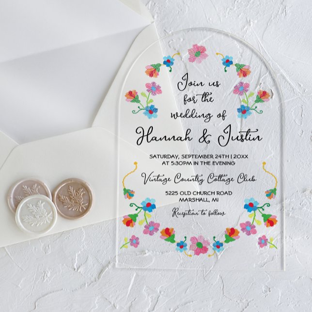 Stickerei mexikanische Fiesta Floral Wedding Acryleinladungen (Von Creator hochgeladen)