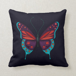 Stickerei Print Red Blue Lila Butterfly Black Kissen