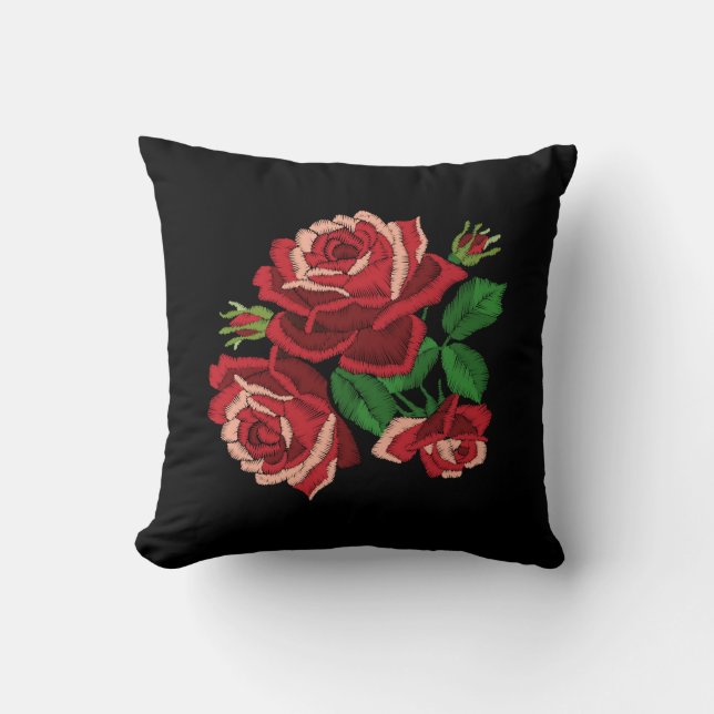 Stickerei Print Rote Rose Grün Blätter Bläß Blau Kissen (Vorderseite)