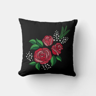 Stickerei Print Rote Rose Grün Verlassen Weiße Blu Kissen