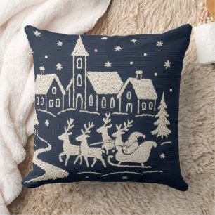 Stickerei Weihnachten Schnee Village Szene Blau We Kissen