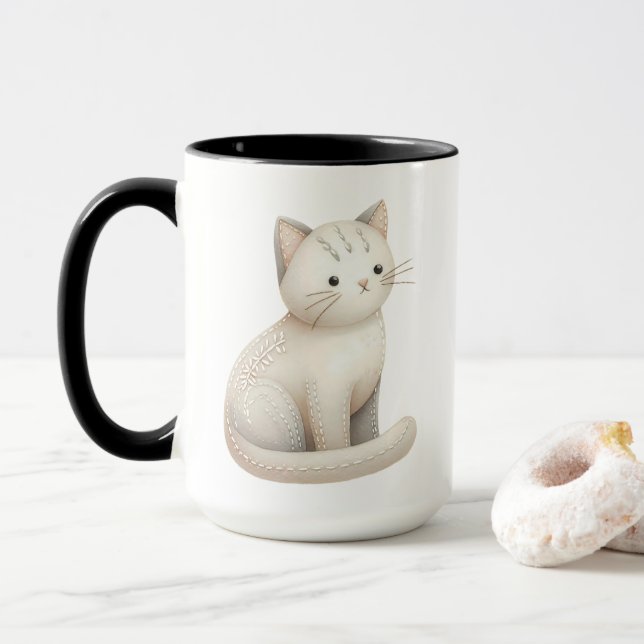 Stickereien Beige Kitty Boho Cat Tasse (Mit Donut)