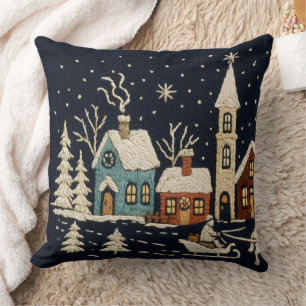 Stickereien Weihnachten Snowy Village Scene Blue Kissen