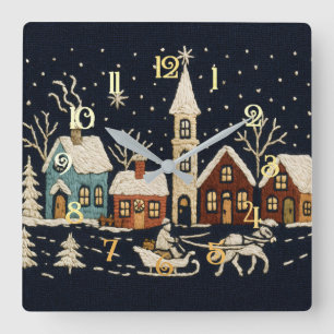 Stickereien Weihnachten Snowy Village Scene Blue Quadratische Wanduhr