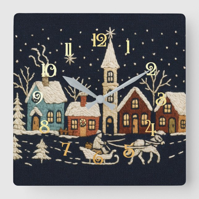 Stickereien Weihnachten Snowy Village Scene Blue Quadratische Wanduhr (Vorderseite)