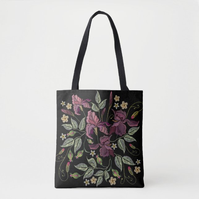 Stickereier Lila Irisschwarzer Hintergrund. Tasche (Vorderseite)