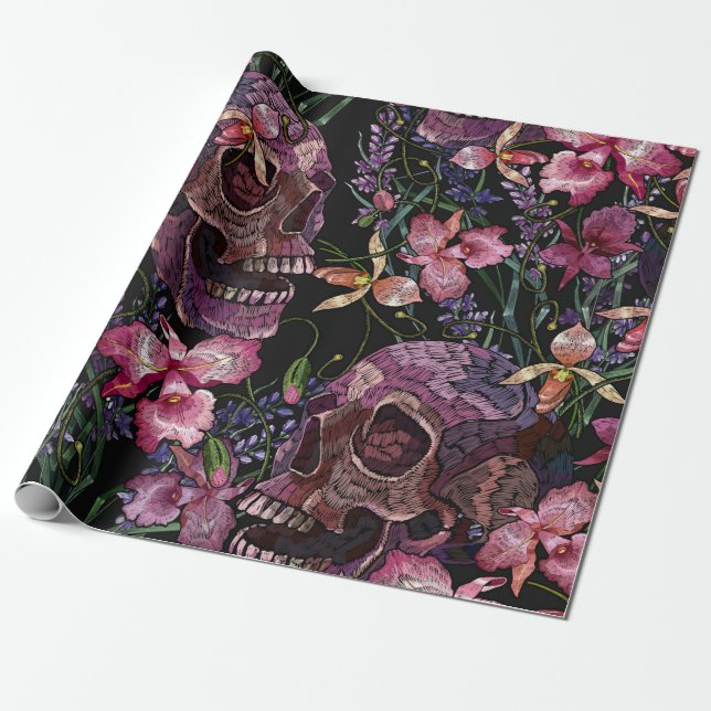 Stickereiskull und rosa orchid-Blume Geschenkpapier (Ungerollt)