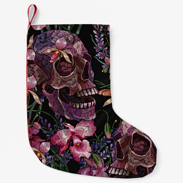 Stickereiskull und rosa orchid-Blume Kleiner Weihnachtsstrumpf (Vorderseite)