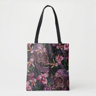 Stickereiskull und rosa orchid-Blume Tasche