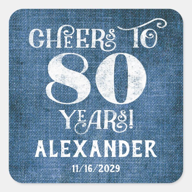 Stickers 80th Birthday Blue Linen Merci Favor (Devant)