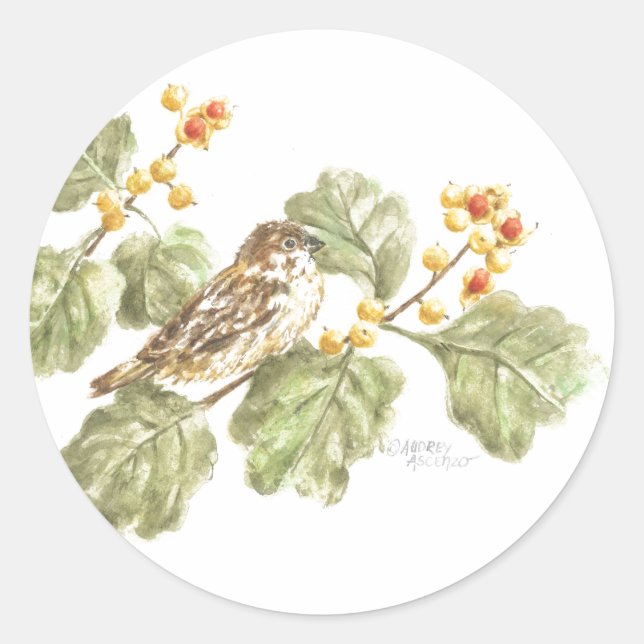 Stickers Aquarelle Oiseau sur la branche d'automne (Devant)