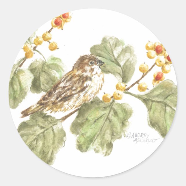 Stickers Aquarelle Oiseau sur la branche d'automne (Devant)