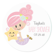 Stickers Baby shower de sirène de cheveux rose Pea