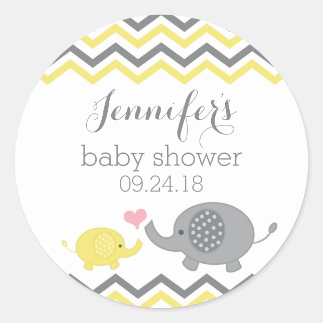Stickers Baby shower éléphant Chevron gris jaune (Devant)