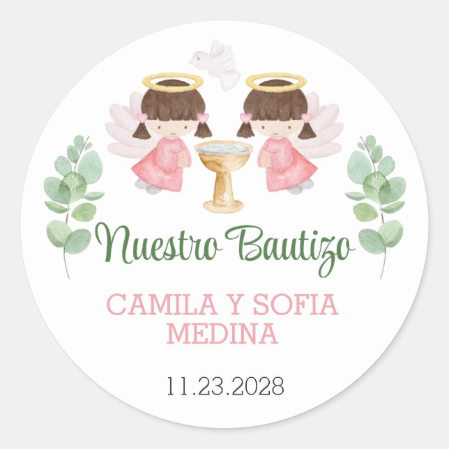 Stickers Baptême Deux Filles Bautizo Espagnol Espa (Devant)