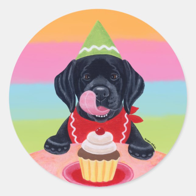 Stickers Black Lab Puppy Anniversaire Cupcake (Devant)
