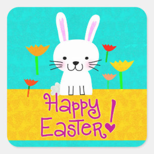 Stickers Bunny et tulipes de Pâques "Happy Pâques"