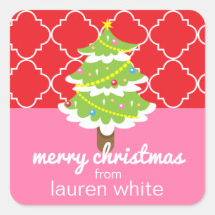 Stickers Cadeaux Arbre de Noël rose et rouge