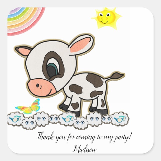 Stickers carré Joyeux Anniversaire Vache (Devant)