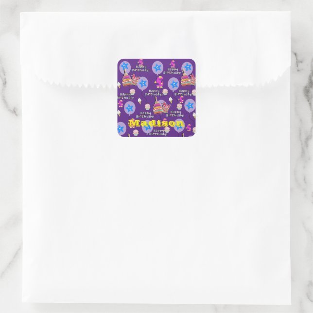 Stickers carrés, #5 Joyeux 5e Anniversaire violet (Sac)
