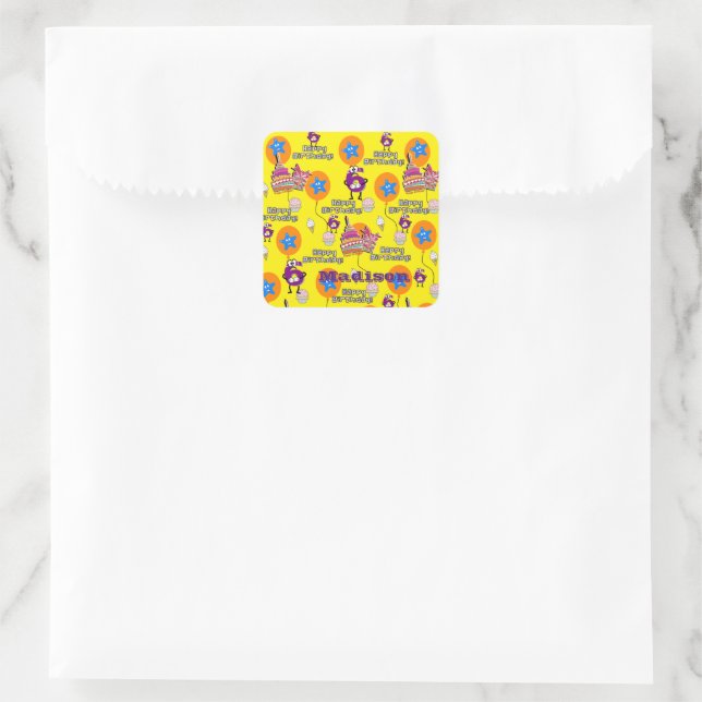 Stickers carrés, #6 Joyeux 6e anniversaire Jaune (Sac)